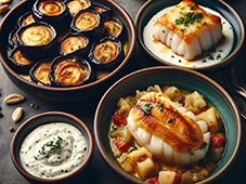 imagen con un plato con Berenjenas rellenas, otro plato con trozos blanco de balcalo, y otro plato con salsa alioli